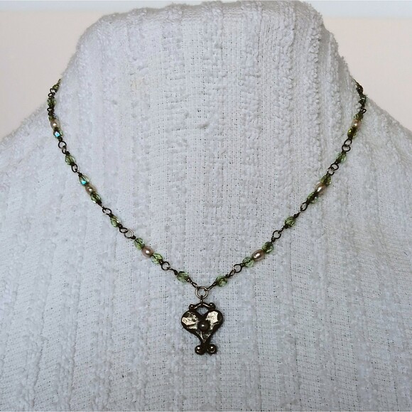 Artisan Sterling Silver Heart Pendant Green AB Glass & Pearl Necklace 16-18 in - Picture 2 of 15